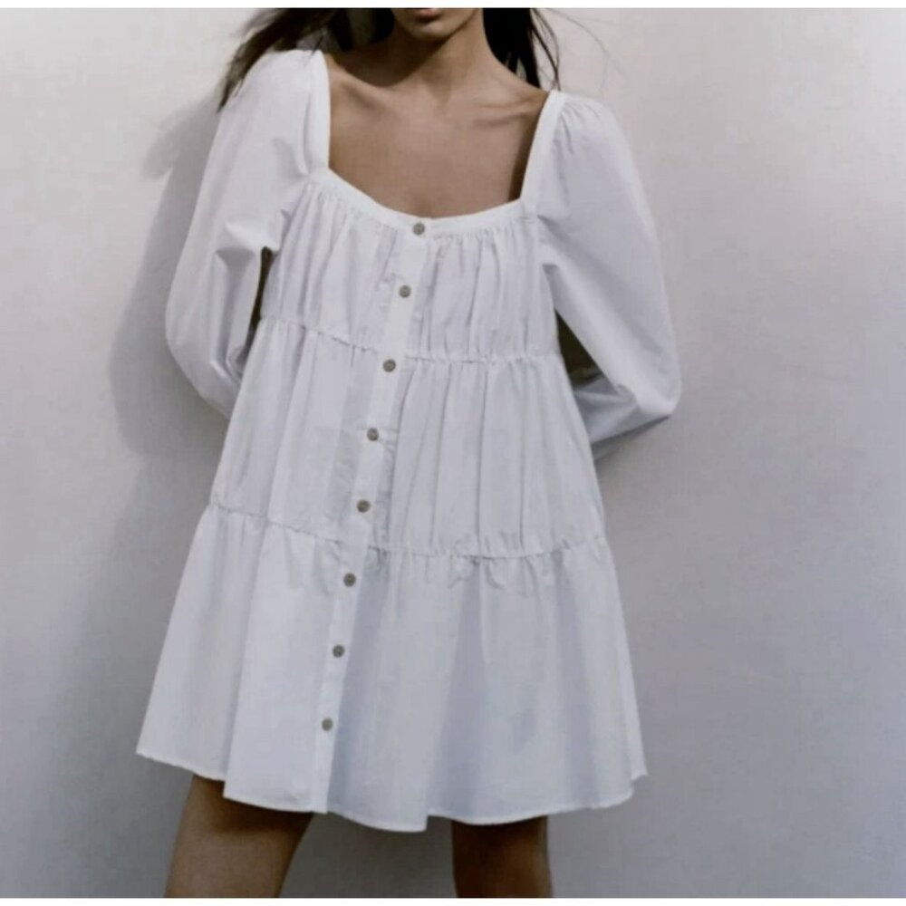 Zara White Tiered Babydoll Mini Dress M Puff Sleeve Button Front Cottagecore - Picture 2 of 9